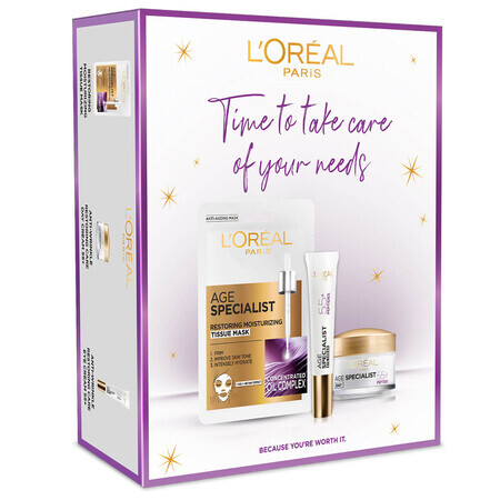 Kit L'Oreal Age Expert 55+, cremă de față, 50 ml + mască foiță, 30 g + cremă de ochi, 15 ml