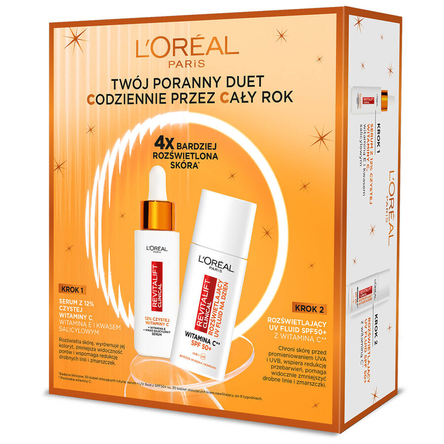 L'Oreal Revitalift Clinical set, sérum facial iluminador, 12% vitamina C pura, 30 ml + fluido iluminador, SPF 50+, 50 ml