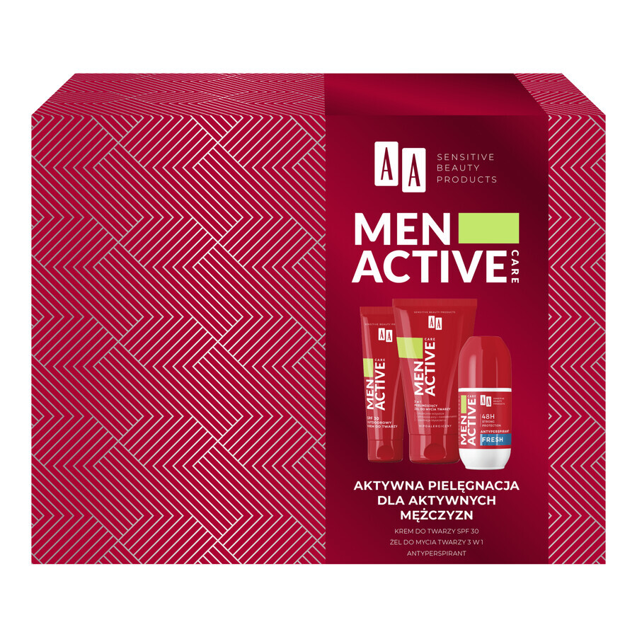 Set AA Men Active Care Programme de soins actifs, crème pour le visage, SPF 30, 50 ml + gel nettoyant pour le visage, 150 ml + roll on antiperspirant, Fresh, 50 ml