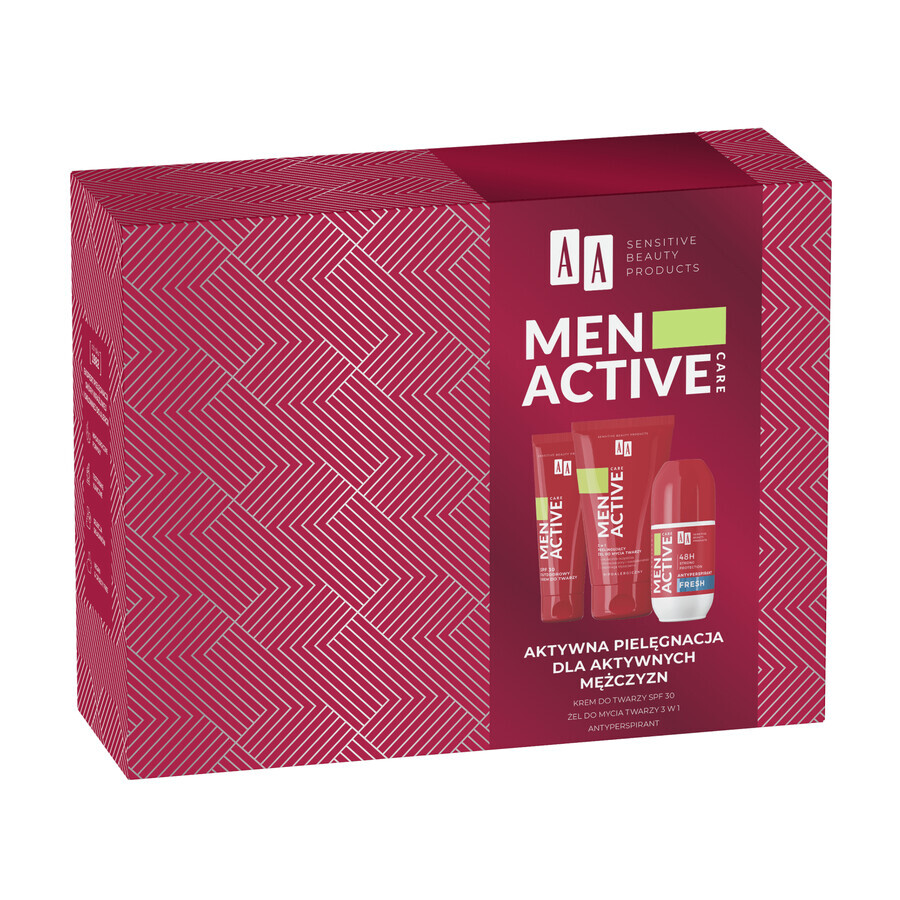 Set AA Men Active Care Programme de soins actifs, crème pour le visage, SPF 30, 50 ml + gel nettoyant pour le visage, 150 ml + roll on antiperspirant, Fresh, 50 ml