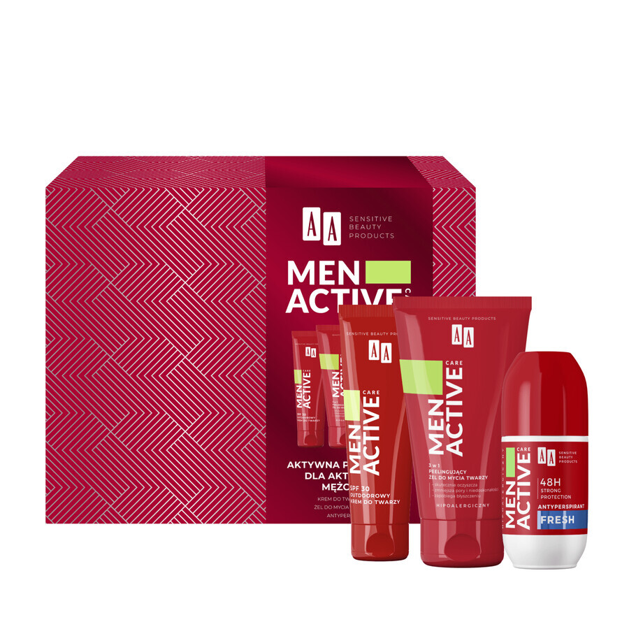 Set AA Men Active Care Programme de soins actifs, crème pour le visage, SPF 30, 50 ml + gel nettoyant pour le visage, 150 ml + roll on antiperspirant, Fresh, 50 ml