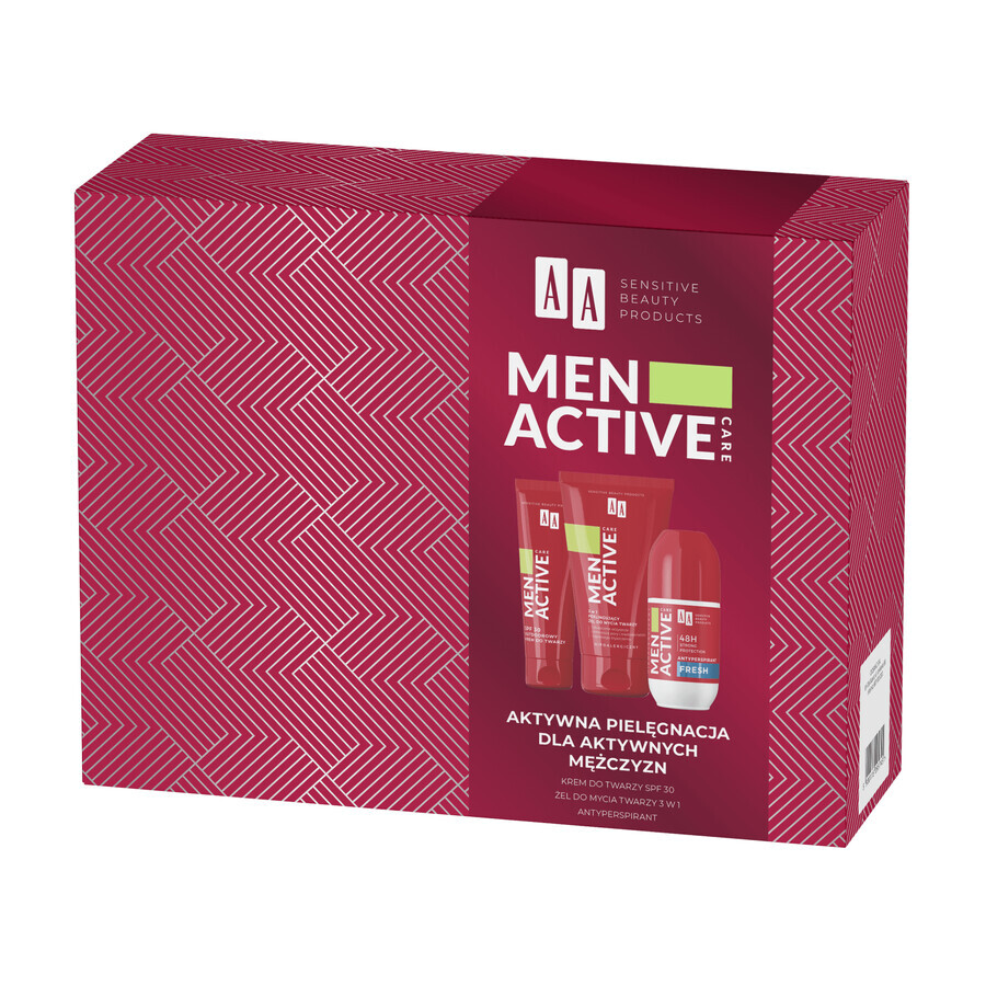 Set AA Men Active Care Programme de soins actifs, crème pour le visage, SPF 30, 50 ml + gel nettoyant pour le visage, 150 ml + roll on antiperspirant, Fresh, 50 ml