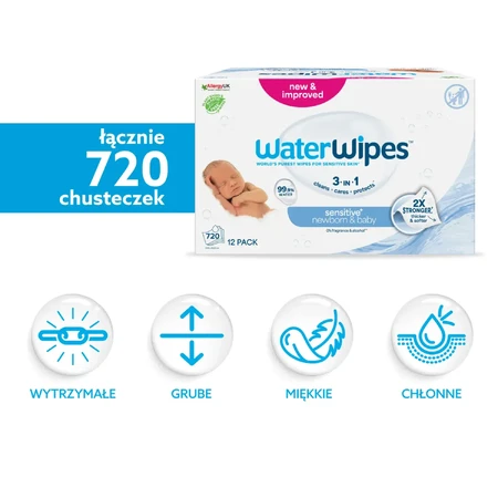 WaterWipes Bio, salviette umidificate, acqua, dalla nascita, 12 x 60 pz.