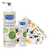 Mustela Bio Set, Mizellenwasser, ohne Spülung, 400 ml + Wickelcreme, 75 ml + Bambuswindel, Safari, 1 gratis