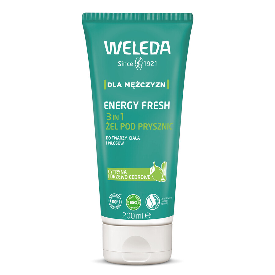 Weleda Energy Fresh, douchegel voor mannen 3in1, citroen en cederhout, 200 ml