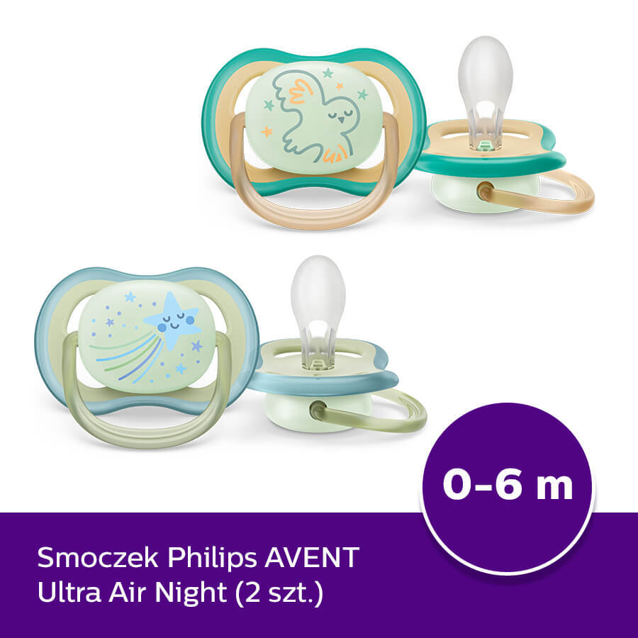 Avent Ultra Air Night Pacifier, Silicone, Symmetrical, Glow in the Dark, Boy, SCF376/18, 0-6 Months, 2 Pieces