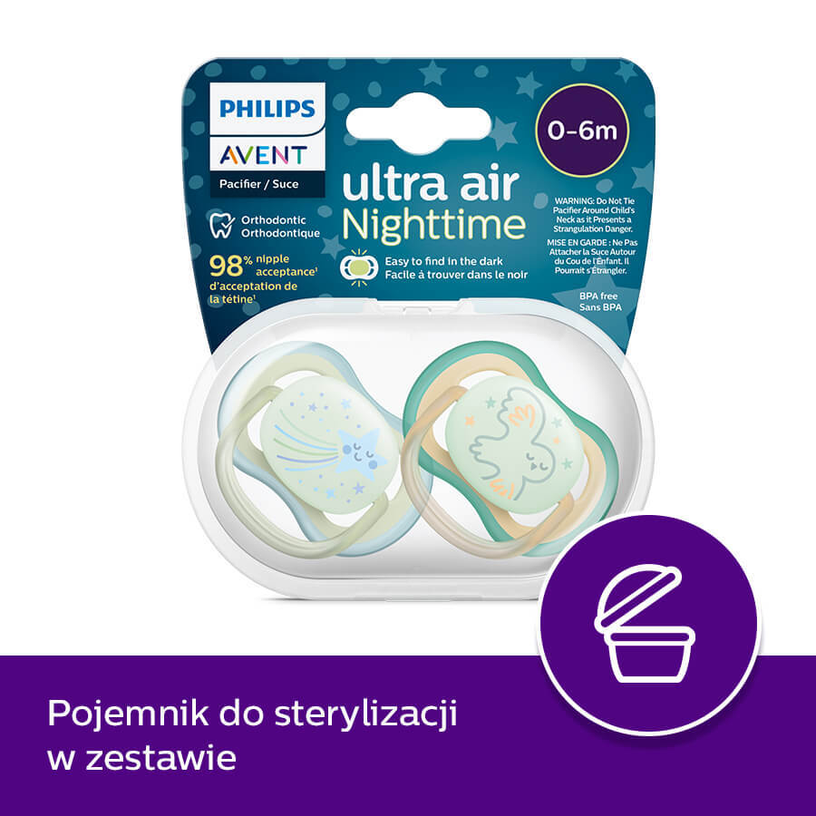 Avent Ultra Air Night Pacifier, Silicone, Symmetrical, Glow in the Dark, Boy, SCF376/18, 0-6 Months, 2 Pieces