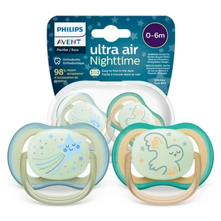 Avent Ultra Air Night, fopspeen, silicone, symmetrisch, glow-in-the-dark, jongen, SCF376/18, 0-6 maanden, 2 stuks