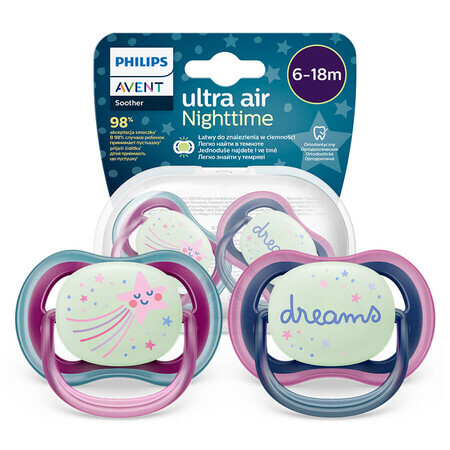 Avent Ultra Air Nighttime, fopspeen, silicone, symmetrisch, glow-in-the-dark, meisje, SCF376/14, 6-18 maanden, 2 stuks