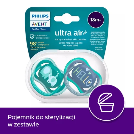 Avent Ultra Air, sucette, silicone, symétrique, garçon, SCF349/18, à partir de 18 mois, 2 pièces