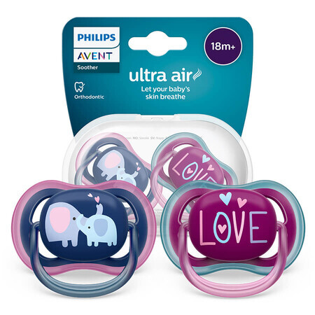 Avent Ultra Air, sucette, silicone, symétrique, fille, SCF349/22, à partir de 18 mois, 2 pièces