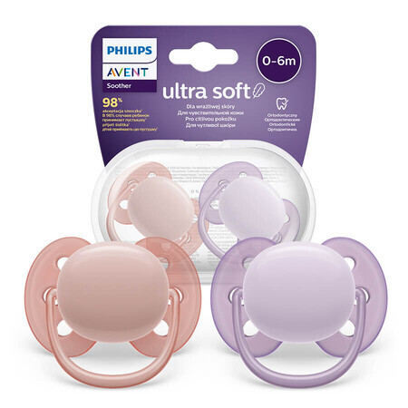 Avent Ultra Soft, suzetă, silicon, simetrică, fetiță, SCF091/31, 0-6 luni, 2 bucăți