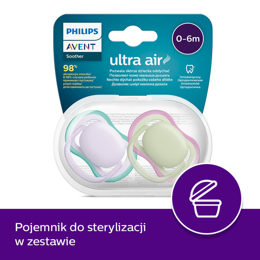 Avent Ultra Air, sucette, silicone, symétrique, unisexe, SCF085/24, 0-6 mois, 2 pièces