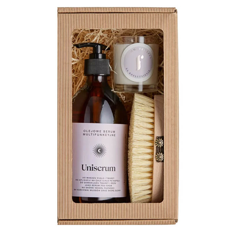 Flagolie Crăciun Spa set, Uniserum oil serum, 500 ml + body massage brush, 1 pc + aromatherapy soy candle, For relaxation, 70 g