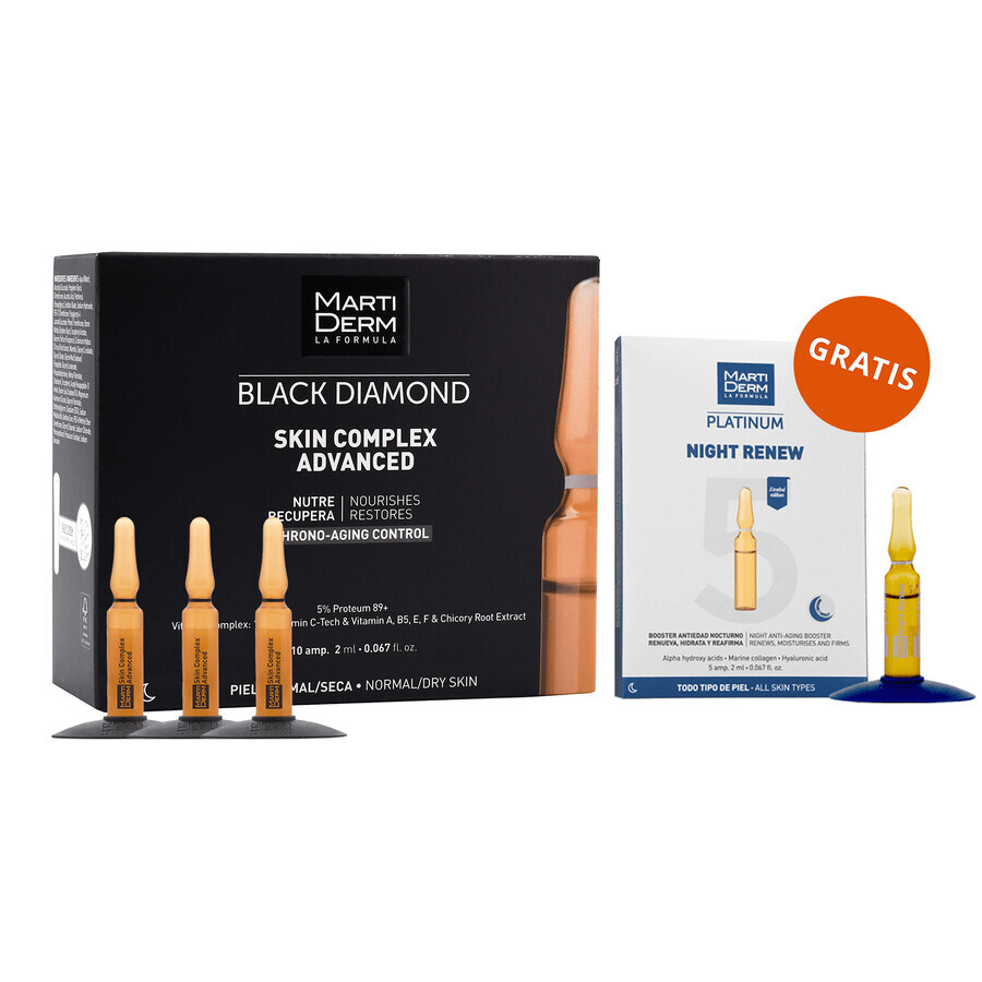 Set avec MartiDerm Black Diamond Skin Complex Advanced, sérum pour le visage, 2 ml x 10 ampoules + Platinum Night Renew, booster de nuit, 2 ml x 5 ampoules