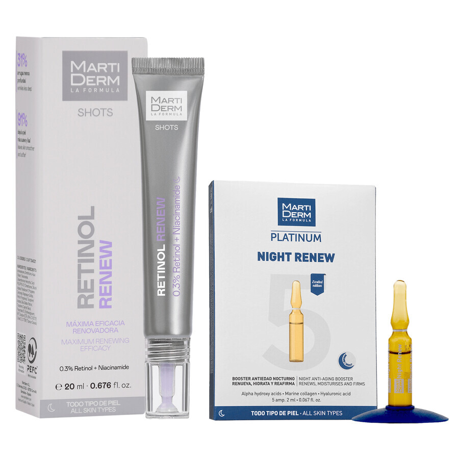 Set with MartiDerm Shots Free Retinol Renew, facial serum, 20 ml + Platinum Night Renew, night booster, 2 ml x 5 ampoules