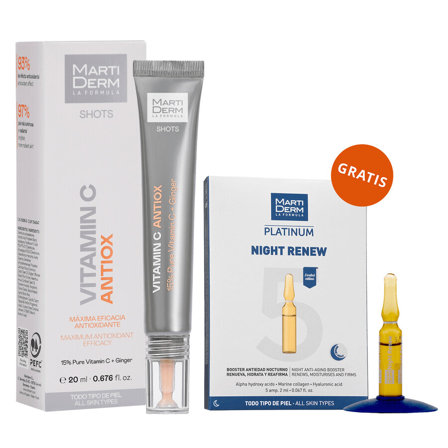 Set met gratis MartiDerm Shots Vitamine C Antiox, gezichtsserum, 20 ml + Platinum Night Renew, nachtbooster, 2 ml x 5 ampullen