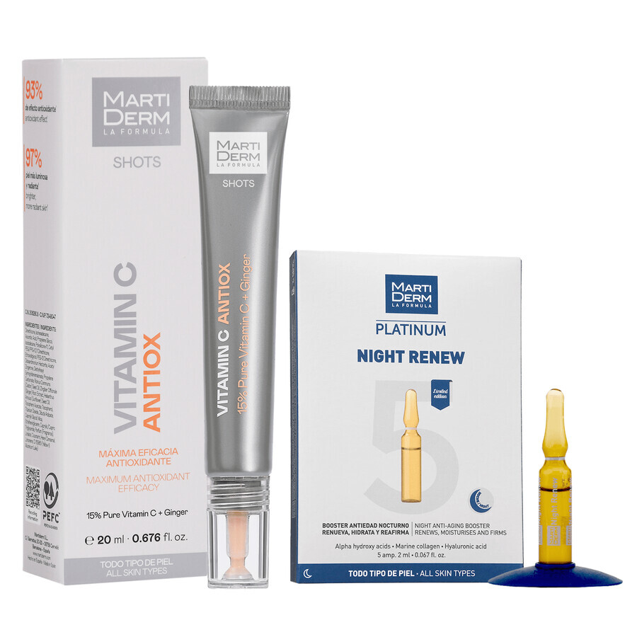 Set met gratis MartiDerm Shots Vitamine C Antiox, gezichtsserum, 20 ml + Platinum Night Renew, nachtbooster, 2 ml x 5 ampullen