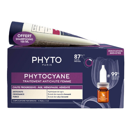 Phytocayne set, behandeling tegen haaruitval voor vrouwen, progressieve ampullen, 12 x 5 ml + shampoo, 100 ml