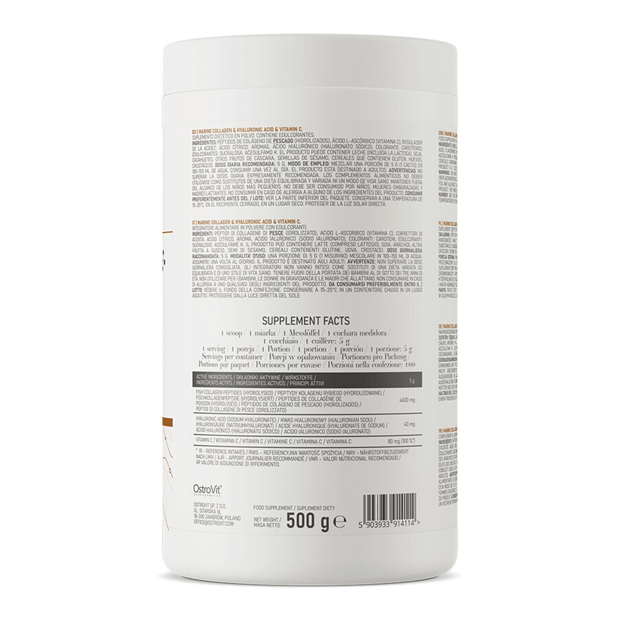 OstroVit Collagène marin &amp; acide hyaluronique &amp; vitamine C, saveur mangue-ananas, 500 g