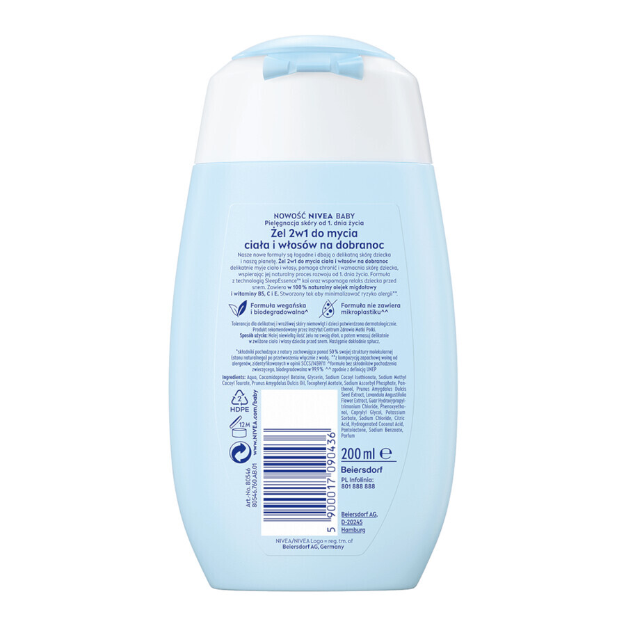 Nivea Baby 2-in-1 cleansing gel for body and hair before bed, from the first day, 200 ml