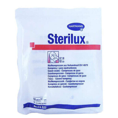 Sterilux, steriele gaasjes, 17-draads, 12 lagen, 10 cm x 10 cm, 3 st.