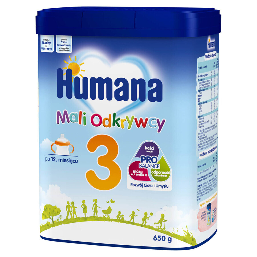 Set Humana 3 Little Explorers, lapte praf, după 12 luni, 2 x 650 g + șervețele umede, 56 gratuit