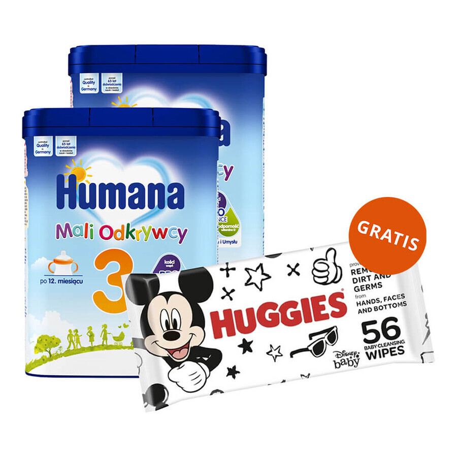 Set Humana 3 Little Explorers, lapte praf, după 12 luni, 2 x 650 g + șervețele umede, 56 gratuit