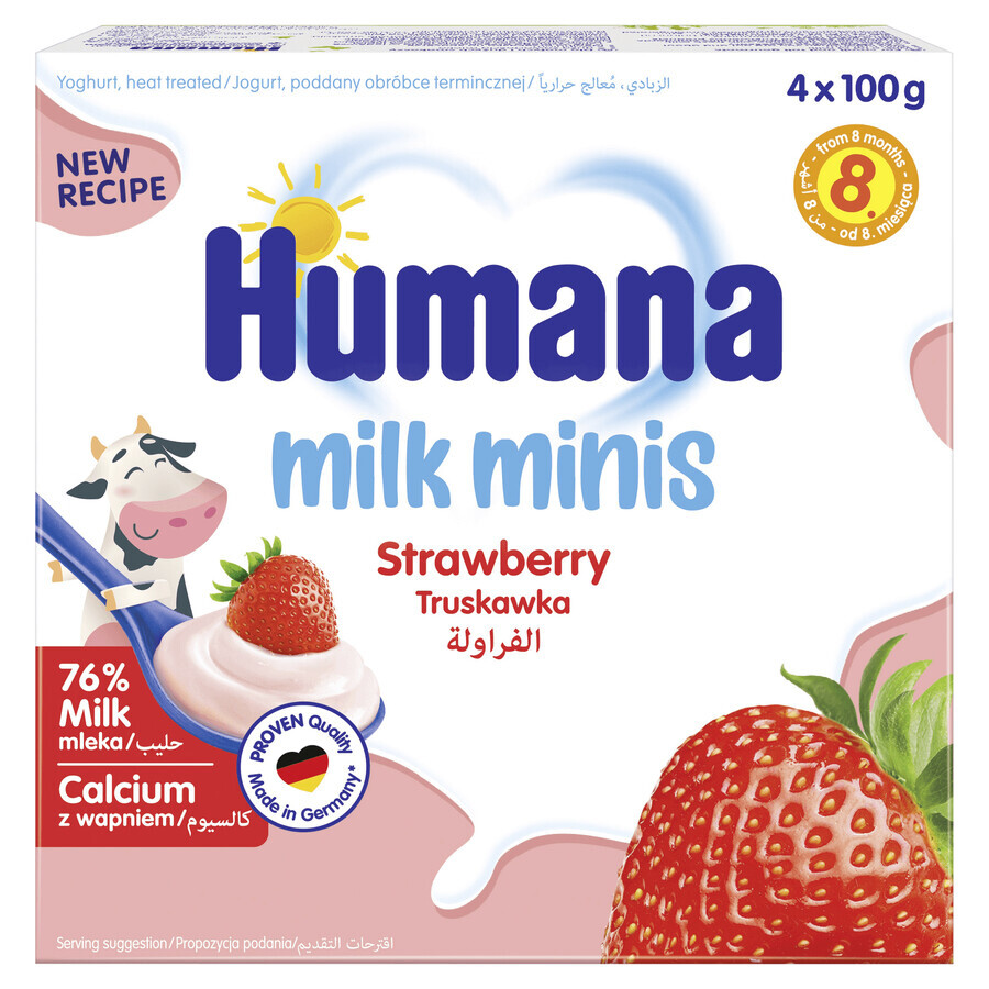 Humana Milk Minis Desert cu iaurt cu aromă de căpșuni, după 8 luni, 4 x 100 g