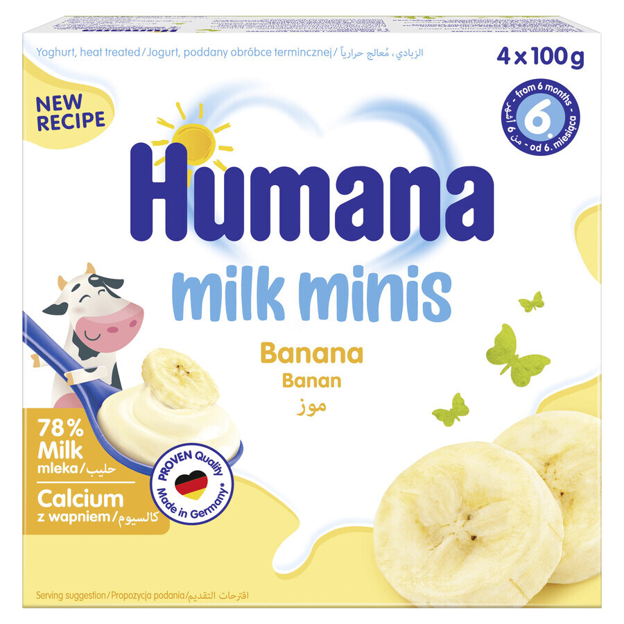 Humana Milk Minis Postre de yogur sabor plátano, a partir de 6 meses, 4 x 100 g