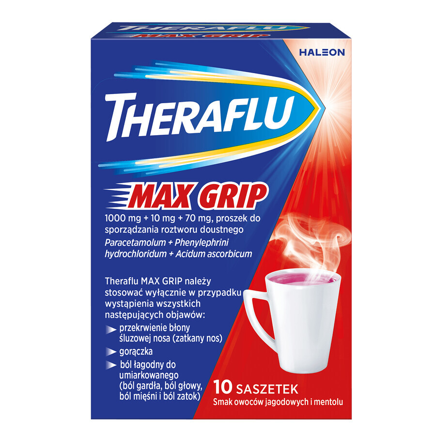 Theraflu Max Grip 1000 mg + 70 mg + 10 mg, poeder voor orale oplossing, bessen- en mentholsmaak, 10 sachets 