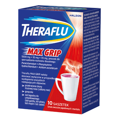 Theraflu Max Grip 1000 mg + 70 mg + 10 mg, poeder voor orale oplossing, bessen- en mentholsmaak, 10 sachets 