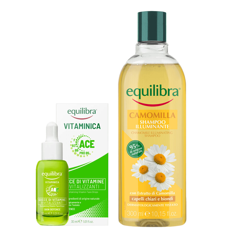 Set Equilibra Vitaminica, gocce rivitalizzanti per il viso, 30 ml + Camomila, shampoo illuminante alla camomilla, 300 ml