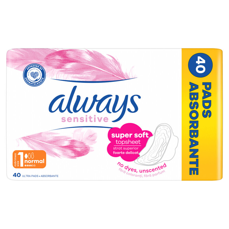 Always Sensitive, serviettes hygiéniques avec ailettes, taille 1, Normal, 40 pièces