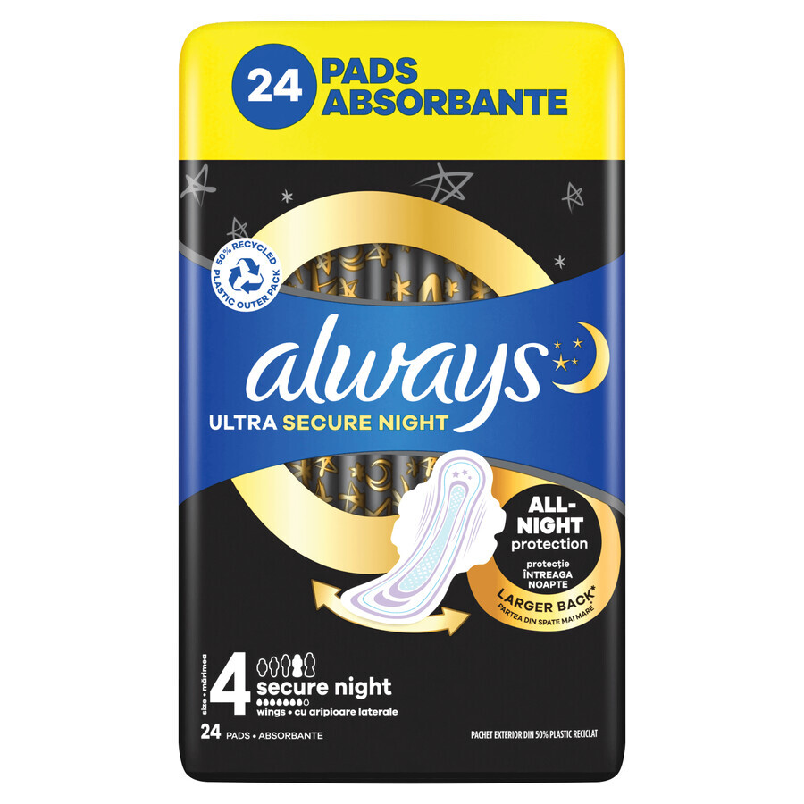 Always Ultra, toallas sanitarias con alas, talla 4, Secure Night, 24 unidades