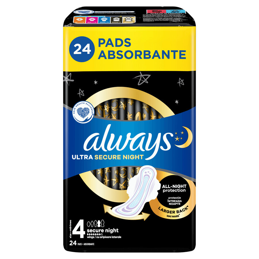 Always Ultra, toallas sanitarias con alas, talla 4, Secure Night, 24 unidades