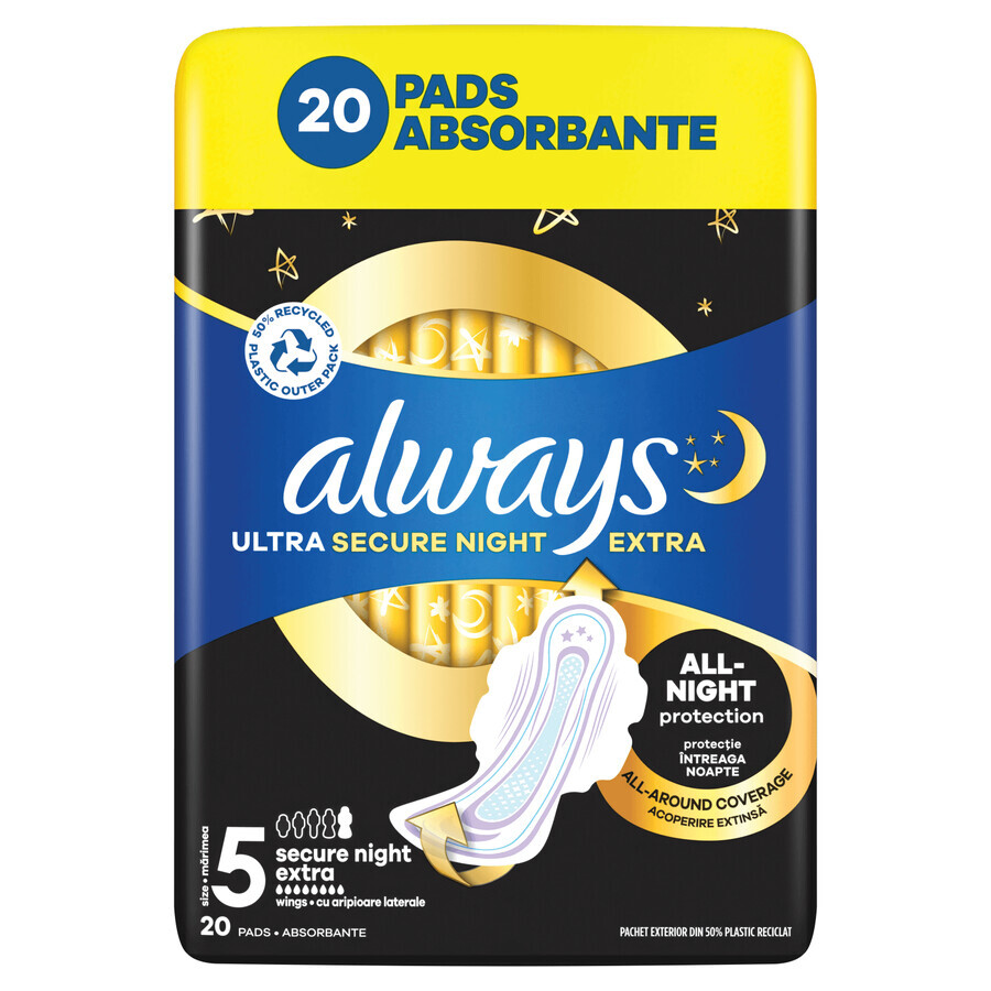 Always Ultra Winged Sanitary Napkins, Size 5, Secure Night Extra, 20 Count