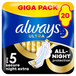 Always Ultra Winged Sanitary Napkins, Size 5, Secure Night Extra, 20 Count