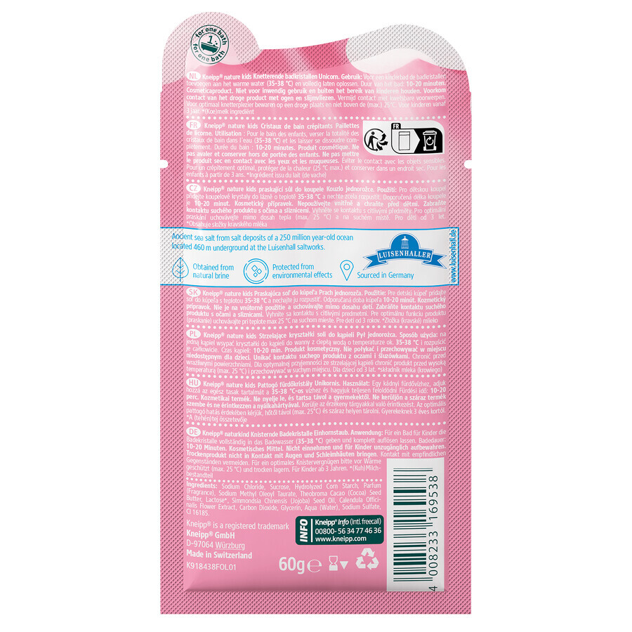 Kneipp Nature Kids Unicorn Dust, cristales de sal de baño para niños, fresa, 60 g