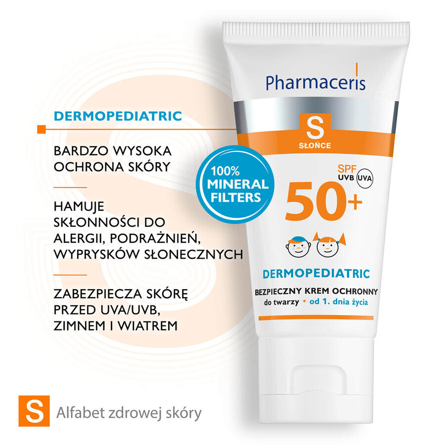 Pharmaceris S, veilige gezichtscrème, vanaf de geboorte, SPF 50+, 50 ml + Set, zonnebrandemulsie, SPF 50+, 10 ml + crème, gratis monster