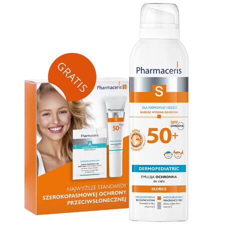 Pharmaceris S, émulsion protectrice pour bébés et enfants, SPF 50+, 150 ml + Set, émulsion solaire, SPF 50+, 10 ml + crème, échantillon gratuit