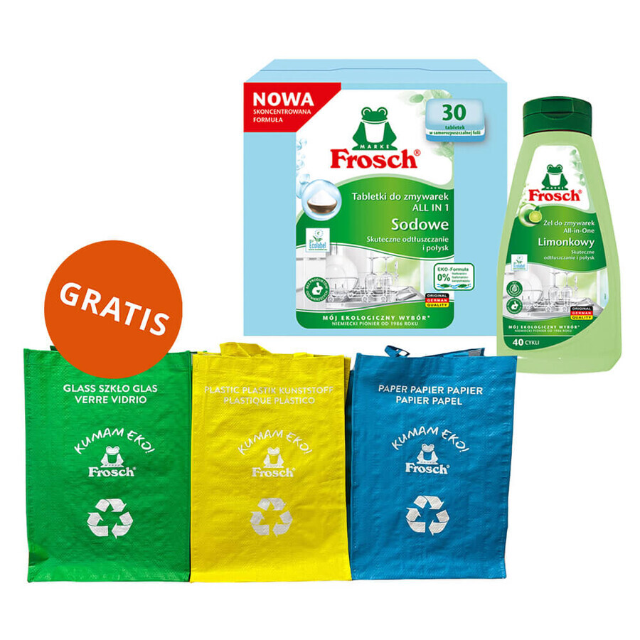 Frosch Set, All In 1 Spülmaschinentabletten, Soda, 30 Stück + Geschirrspülmittel-Gel, Kalk, 650 ml + Recyclingbeutel, 3 Stück gratis