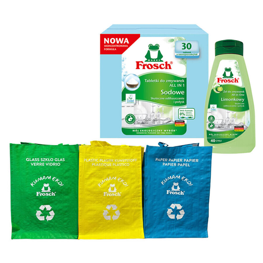 Frosch Set, All In 1 Spülmaschinentabletten, Soda, 30 Stück + Geschirrspülmittel-Gel, Kalk, 650 ml + Recyclingbeutel, 3 Stück gratis