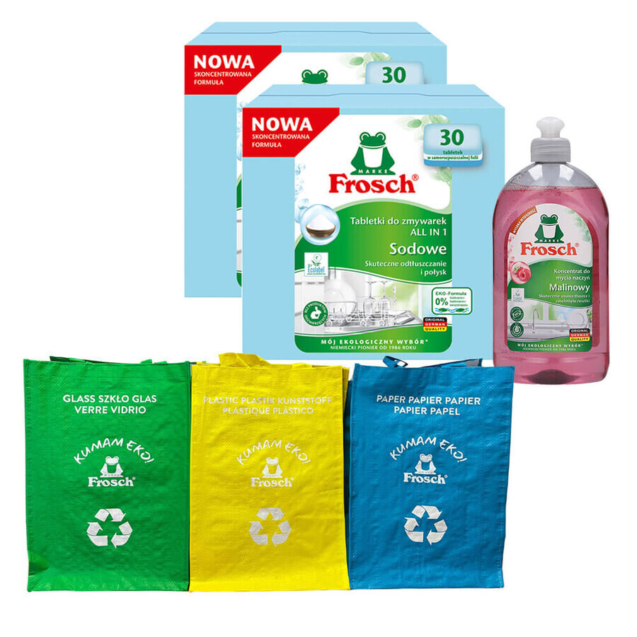 Frosch set, All In 1 dishwasher tablets, soda, 2 x 30 pcs + dishwasher concentrate, raspberry, 500 ml + recycling bags, 3 pcs free