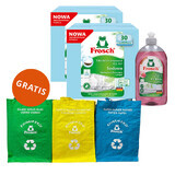 Frosch set, All In 1 vaatwastabletten, soda, 2 x 30 stuks + vaatwasconcentraat, framboos, 500 ml + recyclingzakjes, 3 stuks gratis