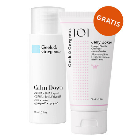 Geek &amp; Gorgeous Calm Down, exfoliant doux avec 4% d'acides PHA + BHA, 30ml + Jelly Joker, gel nettoyant doux pour le visage, 50ml gratuit