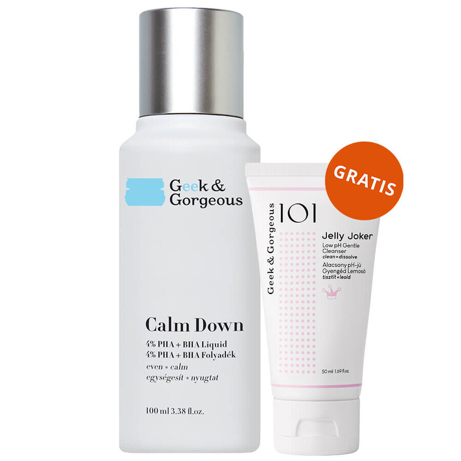 Geek &amp; Gorgeous Calm Down, sanftes Peeling mit 4% PHA + BHA Säuren, 100ml + Jelly Joker, sanftes Reinigungsgel für das Gesicht, 50ml gratis