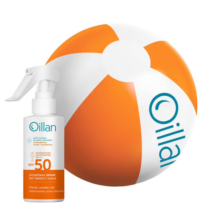 Oillan Sun, spray protector para cara y cuerpo, SPF 50, 125 ml + pelota de playa gratuita