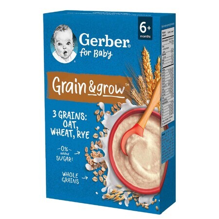 Gerber Grain &amp; Grow Porridge di farina d'avena-farro-riso, latte, senza zuccheri aggiunti, dopo 6 mesi, 200 g