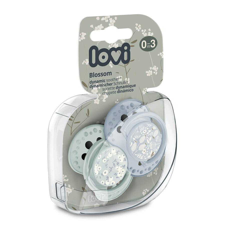 Lovi, pacifier, silicone, dynamic, Blossom Blue, 0-3 months, 2 pieces